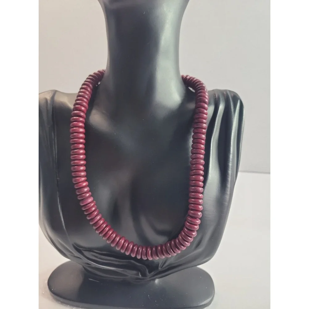 Burgundy Red Disc Bead Necklace Flat Round Beaded Statement Boho Jewelry